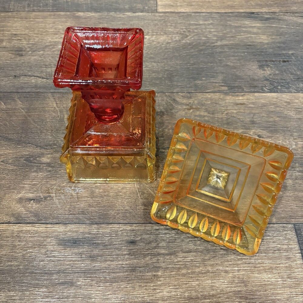 Vintage Amberina Glass Covered Pedestal Square Wedding Box Dish 8.5" - Picture 5 of 8